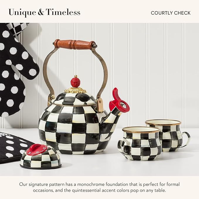 Enamel Teacup, Unique Coffee and Tea Mug, Enamel Cup for Hot Tea, 10 Ounces, Black-and-White Courtly Check