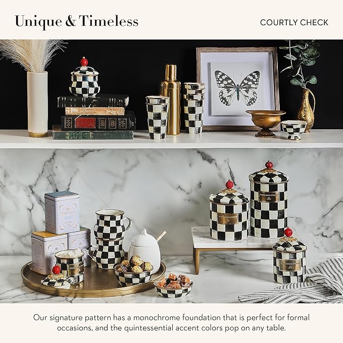 Enamel Lidded Sugar Bowl, Small Serving Bowl with Lid, 10-Ounce Capacity, Black-and-White Courtly Check