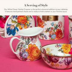 Enamel Creamer, Creamer Dispenser with Pour Spout, Kitchen Enamelware, 14-Ounce Capacity, White Flower Market