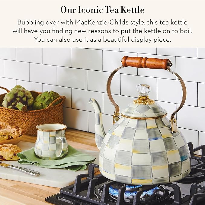 Enamel Tea Kettle, Stylish Tea Kettle for Stovetop, Grey-and-White Sterling Check, 3 Quarts