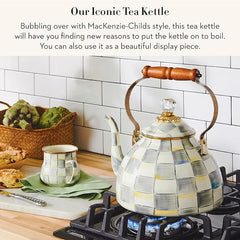 Enamel Tea Kettle, Stylish Tea Kettle for Stovetop, Grey-and-White Sterling Check, 3 Quarts