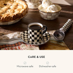 Set of 2 Stoneware Espresso Cup and Saucer, Cute Coffee Cups, Black-and-White Courtly Check