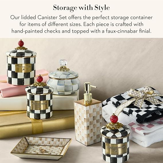 Enamel Canister Set, Mini (14 oz.), Demi (24 oz.), and Small (38 oz.) Kitchen Containers, Black-and-White Courtly Check
