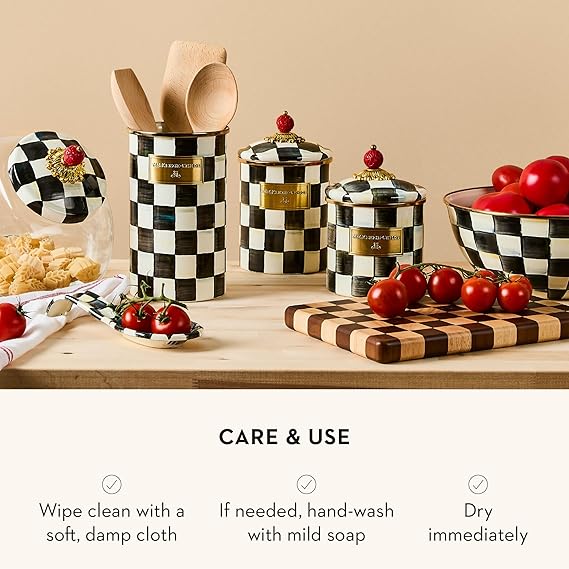 Small Enamel Canister, Kitchen Storage Container for Flour and Sugar, 1.13 Liters, Black-and-White Courtly Check