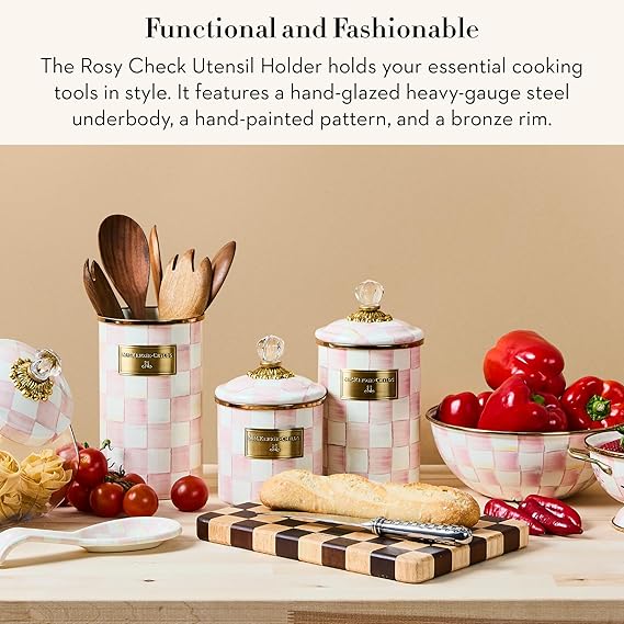 Enamel Utensil Holder, Kitchen Utensil Holder for Countertop, Storage Caddy, Pink-and-White Rosy Check