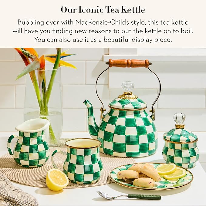 Enamel Tea Kettle, Stylish Tea Kettle for Stovetop, Green-and-White Emerald Check, 2 Quarts