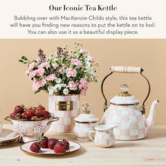 Enamel Tea Kettle, Stylish Tea Kettle for Stovetop, Pink-and-White Rosy Check, 2 Quarts