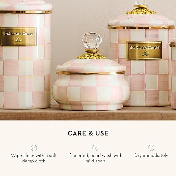 Enamel Squashed Pot, Cute Enameled Container with Lid, 20 Ounces, Pink-and-White Rosy Check