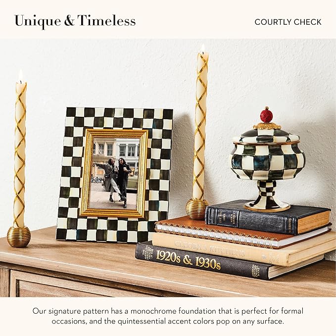 Enamel Curiosity Pot, Decorative Container for Home Decor, Black-and-White Courtly Check