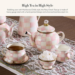 Enamel Teacup, Unique Coffee and Tea Mug, Enamel Cup for Hot Tea, 10 Ounces, Pink-and-White Rosy Check