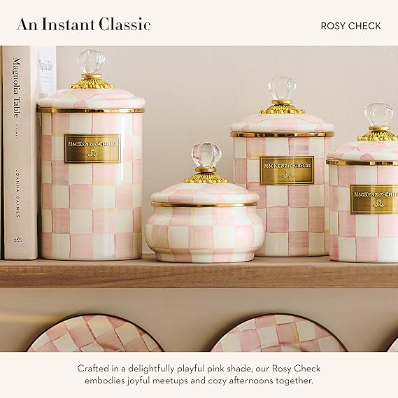 Enamel Squashed Pot, Cute Enameled Container with Lid, 20 Ounces, Pink-and-White Rosy Check