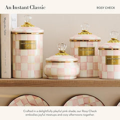 Enamel Squashed Pot, Cute Enameled Container with Lid, 20 Ounces, Pink-and-White Rosy Check