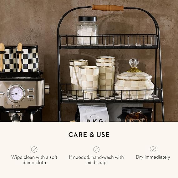 Enamel Squashed Pot, Cute Enameled Container with Lid, 20 Ounces, Brown-and-White Mocha Check