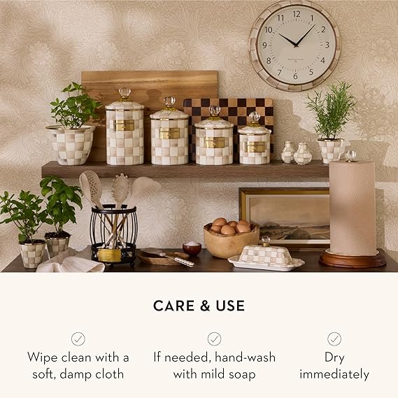 Small Enamel Canister, Kitchen Storage Container with Lid, Brown-and-White Mocha Check