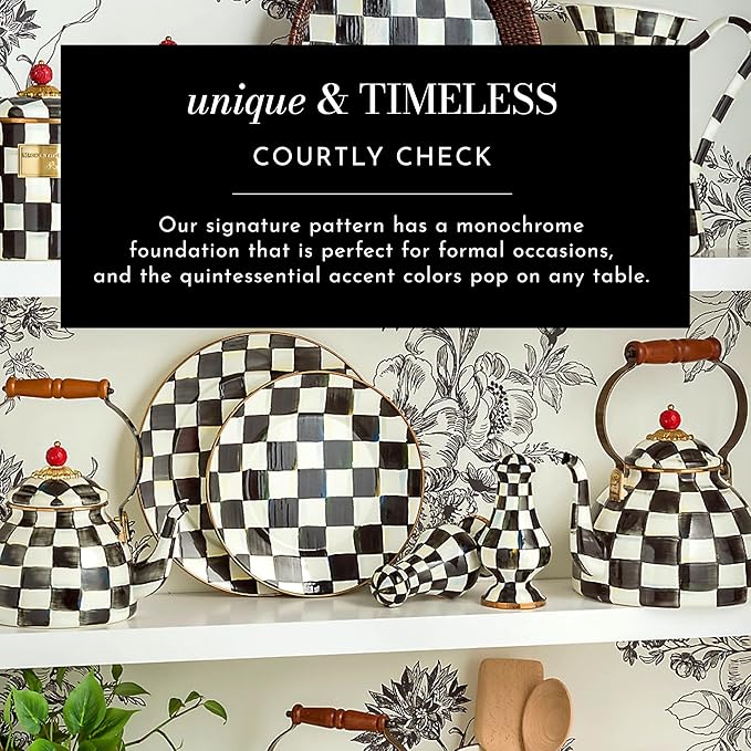 Enamel Tea Party Set, Unique Teapot and Teacups, Tea Accessories Set, Black-and-White Courtly Check