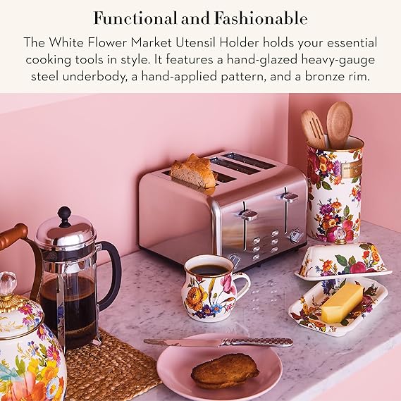 Enamel Utensil Holder, Kitchen Utensil Holder for Countertop, Storage Caddy, White Flower Market