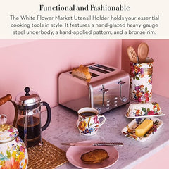 Enamel Utensil Holder, Kitchen Utensil Holder for Countertop, Storage Caddy, White Flower Market