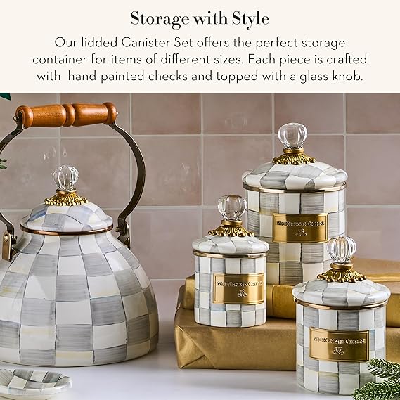 Enamel Canister Set, Mini (14 oz.), Demi (24 oz.), and Small (38 oz.) Kitchen Containers, Gray-and-White Sterling Check