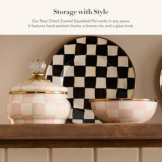 Enamel Squashed Pot, Cute Enameled Container with Lid, 20 Ounces, Pink-and-White Rosy Check