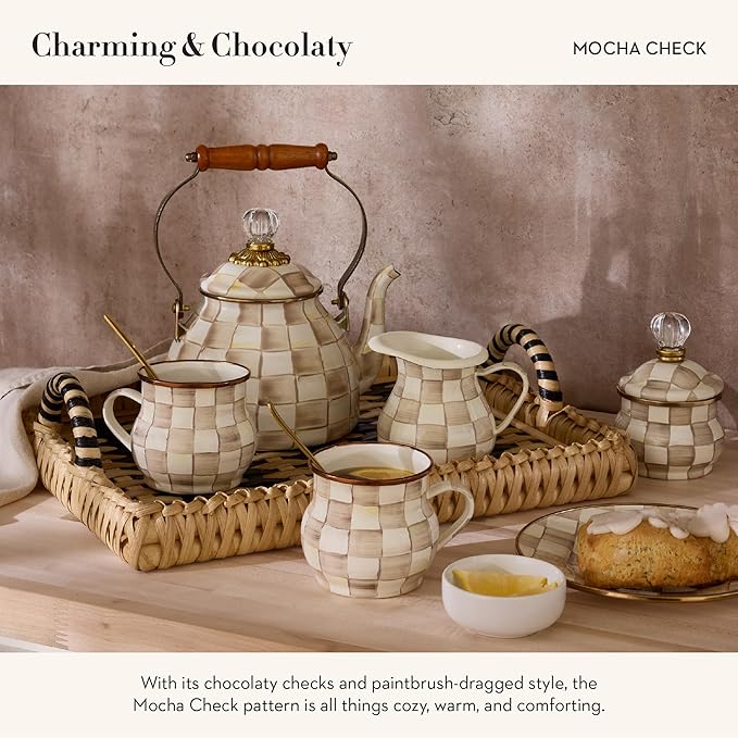 Enamel Teapot, Cute Small Teapot with Lid, 4-Cup Capacity, Brown-and-White Mocha Check