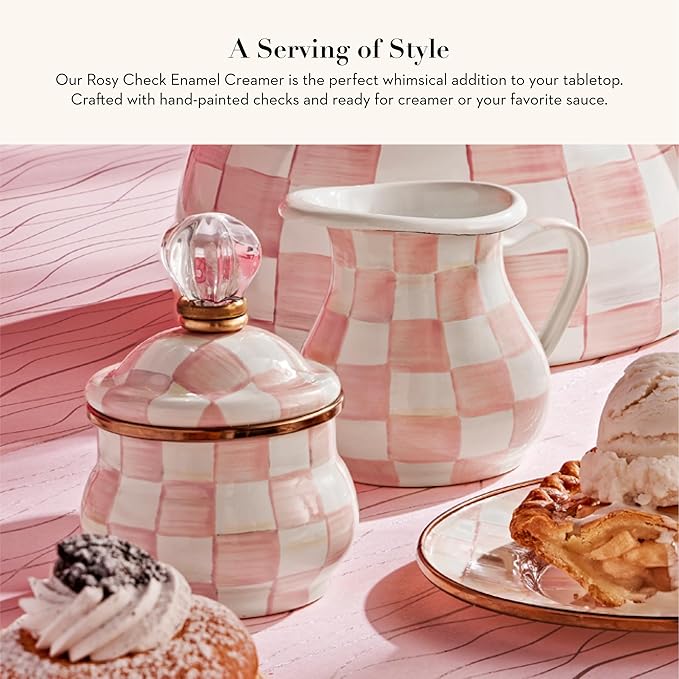 Enamel Creamer, Creamer Dispenser with Pour Spout, Kitchen Enamelware, Pink-and-White Rosy Check