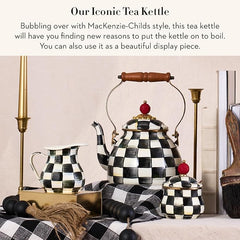 Enamel Tea Kettle, Stylish Tea Kettle for Stovetop, Black-and-White Courtly Check, 2 Quarts