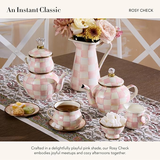 Enamel Teacup, Unique Coffee and Tea Mug, Enamel Cup for Hot Tea, 10 Ounces, Pink-and-White Rosy Check