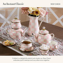 Enamel Teacup, Unique Coffee and Tea Mug, Enamel Cup for Hot Tea, 10 Ounces, Pink-and-White Rosy Check