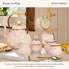 Enamel Creamer, Creamer Dispenser with Pour Spout, Kitchen Enamelware, Pink-and-White Rosy Check