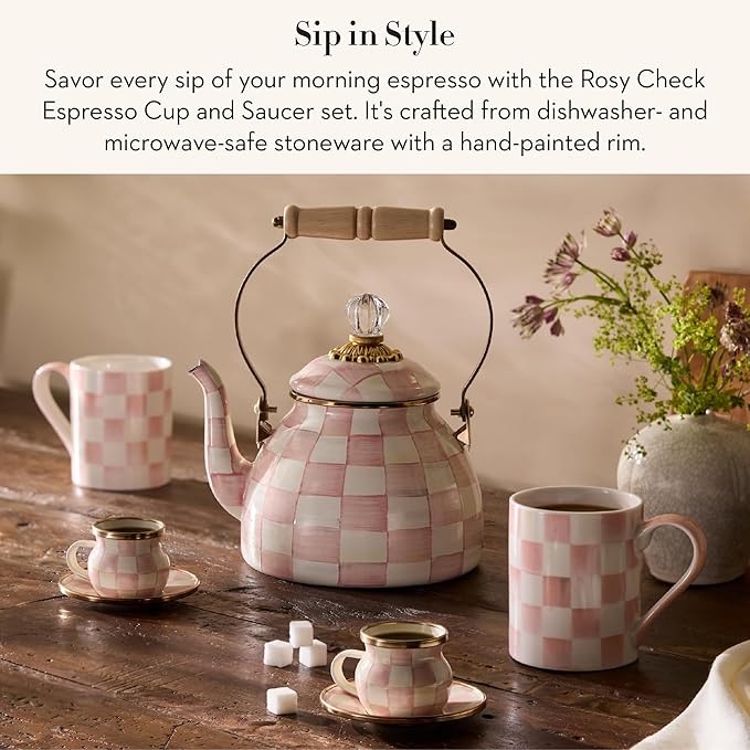 Set of 2 Stoneware Espresso Cup and Saucer, Cute Coffee Cups, Pink-and-White Rosy Check