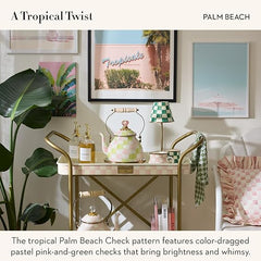 Enamel Tea Kettle, Cute Tea Kettle for Stovetop, 2 Quarts, Pastel Pink-and-Green Palm Beach Check