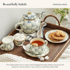 Enamel Teacup, Unique Coffee and Tea Mug, Enamel Cup for Hot Tea, 10 Ounces, Gray-and-White Sterling Check