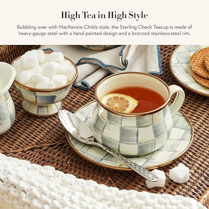 Enamel Teacup, Unique Coffee and Tea Mug, Enamel Cup for Hot Tea, 10 Ounces, Gray-and-White Sterling Check