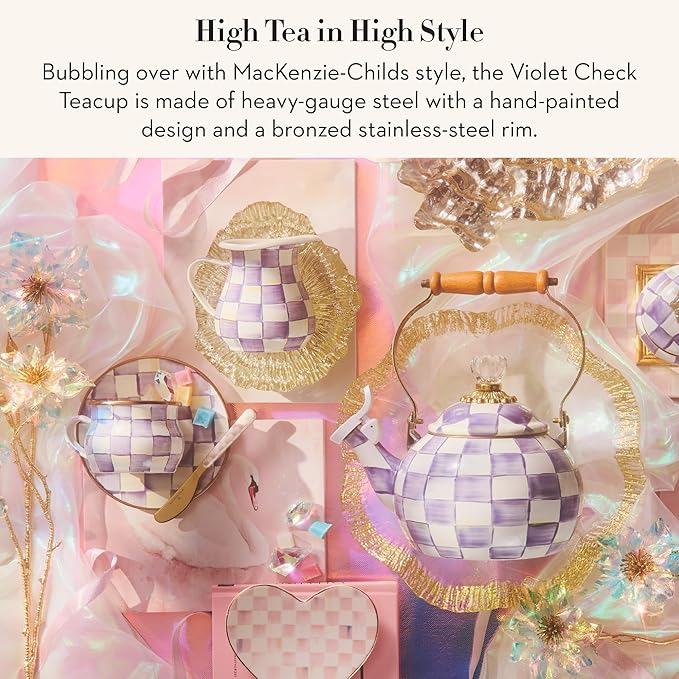 Enamel Teacup, Unique Coffee and Tea Mug, Enamel Cup for Hot Tea, Purple-and-White Violet Check