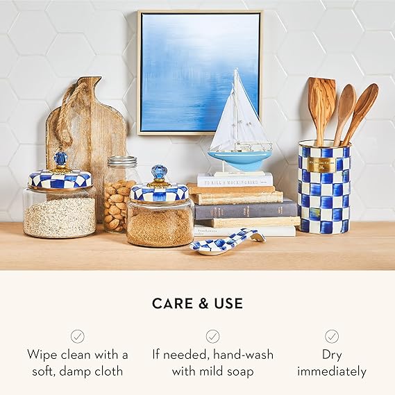 Enamel Utensil Holder, Kitchen Utensil Holder for Countertop, Storage Caddy, Blue-and-White Royal Check