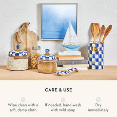 Enamel Utensil Holder, Kitchen Utensil Holder for Countertop, Storage Caddy, Blue-and-White Royal Check