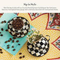 Espresso Cup and Saucer Set, Cute Small Coffee Cups and Saucers, Set of 2, Black-and-White Courtly Check