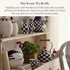 Enamel Whistling Tea Kettle, Decorative Teapot for Stovetop, Black-and-White Courtly Check