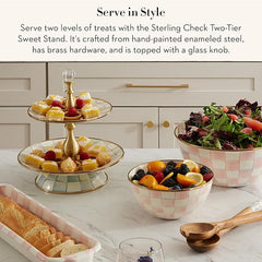 Enamel Two-Tier Sweet Stand, Two-Tiered Serving Tray for Dessert, Gray-and-White Sterling Check