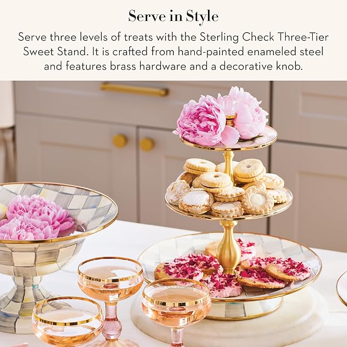 Three-Tier Sweet Stand, Three-Tiered Serving Tray for Dessert and Sweets, Gray-and-White Sterling Check
