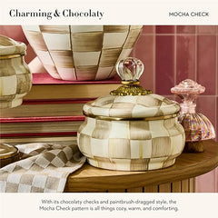 Enamel Squashed Pot, Cute Enameled Container with Lid, 20 Ounces, Brown-and-White Mocha Check