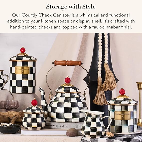 Small Enamel Canister, Kitchen Storage Container for Flour and Sugar, 1.13 Liters, Black-and-White Courtly Check