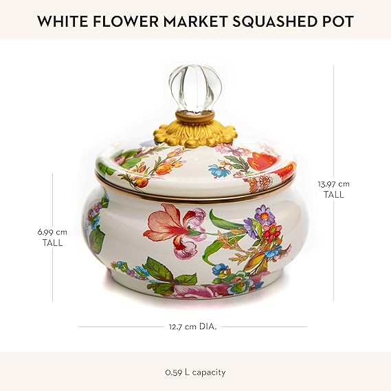 Enamel Squashed Pot, Cute Enameled Container with Lid, 20 Ounces, White Flower Market