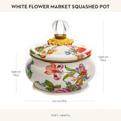 Enamel Squashed Pot, Cute Enameled Container with Lid, 20 Ounces, White Flower Market