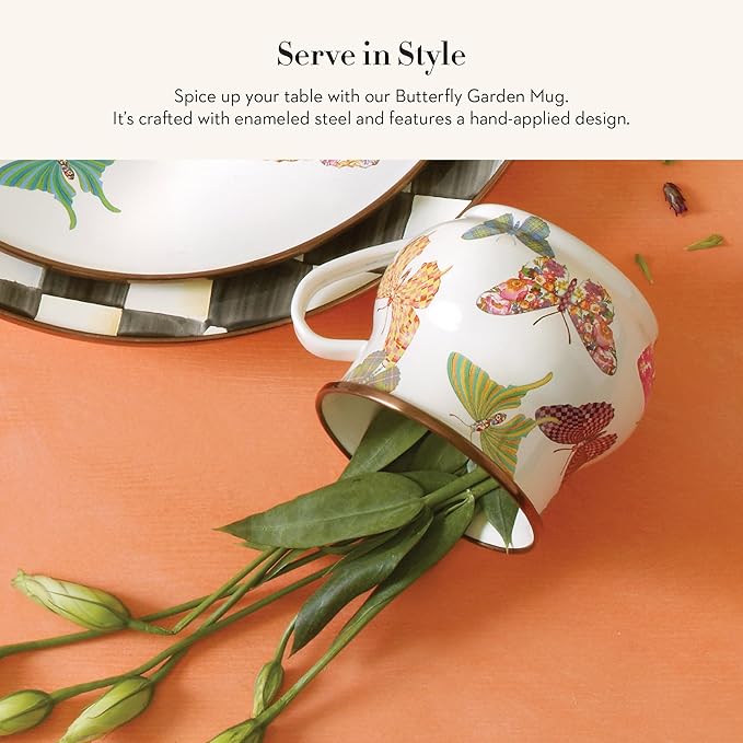 Enamel Mug, Cute Enamelware Coffee and Tea Mug, Unique Drinkware, 16 Ounces, Butterfly Garden, Set of 1