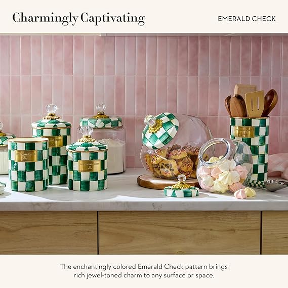 Enamel Squashed Pot, Cute Enameled Container with Lid, 20 Ounces, Green-and-White Emerald Check