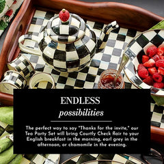 Enamel Tea Party Set, Unique Teapot and Teacups, Tea Accessories Set, Black-and-White Courtly Check