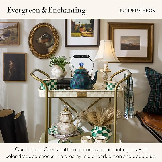 Enamel Tea Kettle, Cute Tea Kettle for Stovetop, 2 Quarts, Dark Green-and-Blue Juniper Check