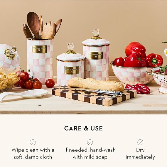 Medium Enamel Canister, Kitchen Storage Container for Flour and Sugar, 1.42 Liters, Pink-and-White Rosy Check