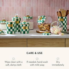 Small Enamel Canister, Kitchen Storage Container with Lid, Green-and-White Emerald Check